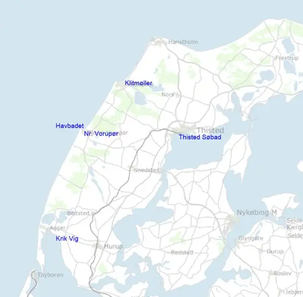 Kortet viser de 5 strande i Thisted Kommune, hvor badevandet er testet for PFAS. De fem strande er Krig Vig, Havbadet, Nr. Vorupør, Thisted Søbad og Klitmøller