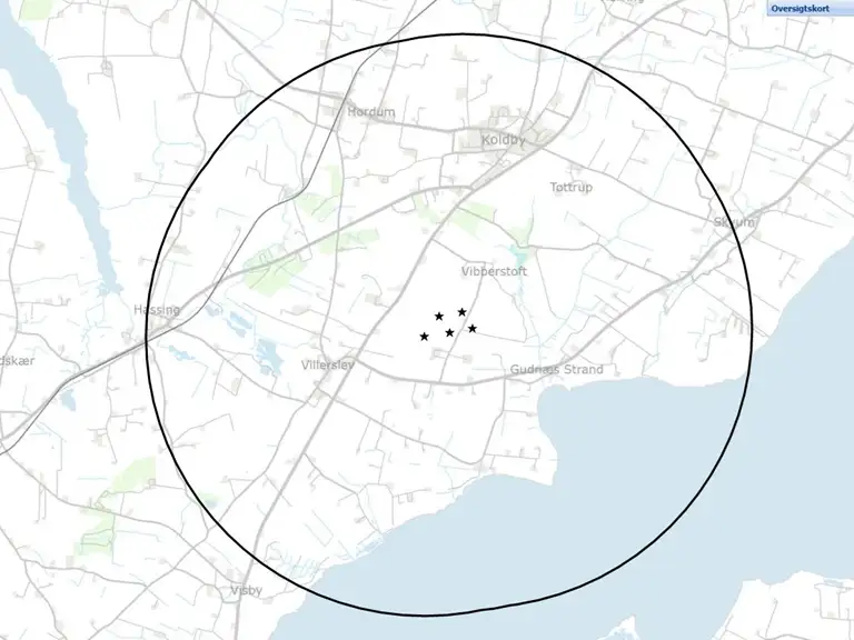 Kortet viser afgrænsningen af afstemningsradius for vindemøllerne